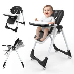 Adjustable High Chair  3-Tier Tray & Wheels